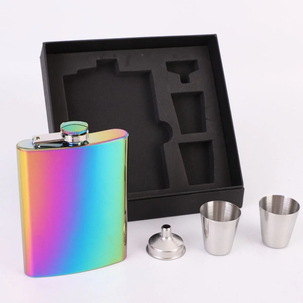 225ml Rainbow / Gold / Rose Gold Stainless Steel Hip Flask Set - Image 4