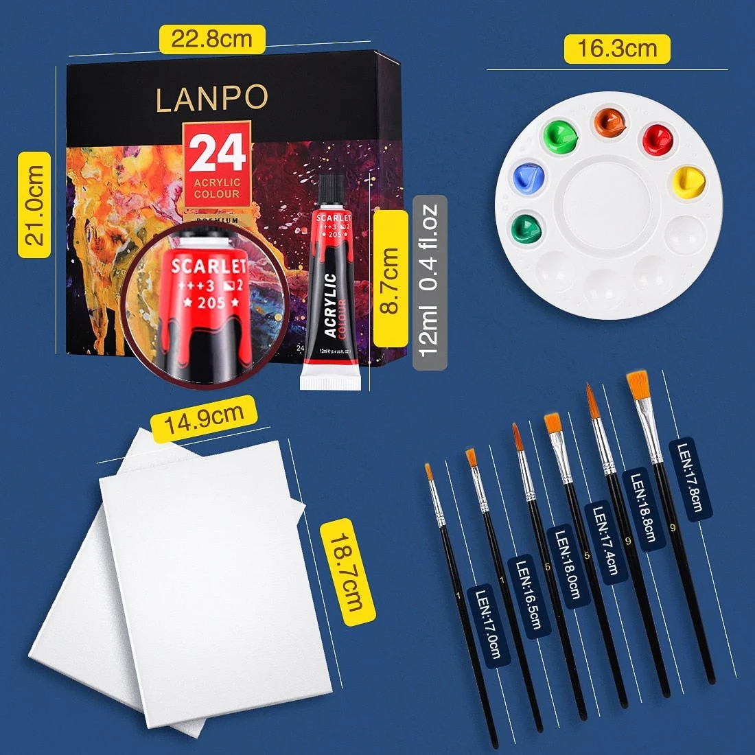 24 Colour Acrylic Paint, Canvas, Brush & Palette Starter Pack - Image 4