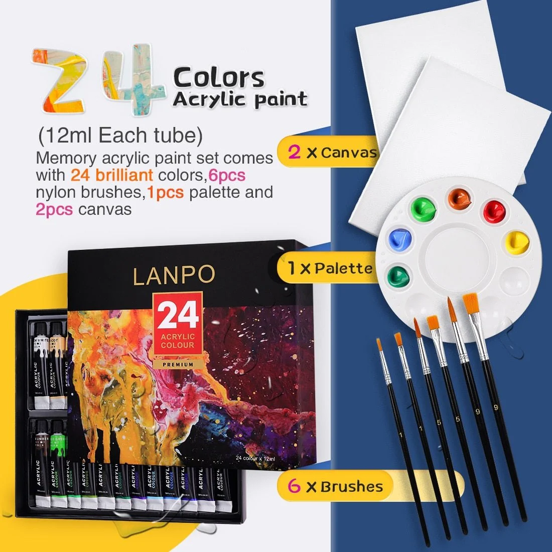 24 Colour Acrylic Paint, Canvas, Brush & Palette Starter Pack - Image 5