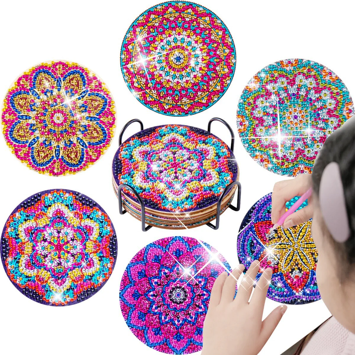 6pc/Sets Diamond Painting Coasters Kits With Holder - Rich Mandalas - Image 3