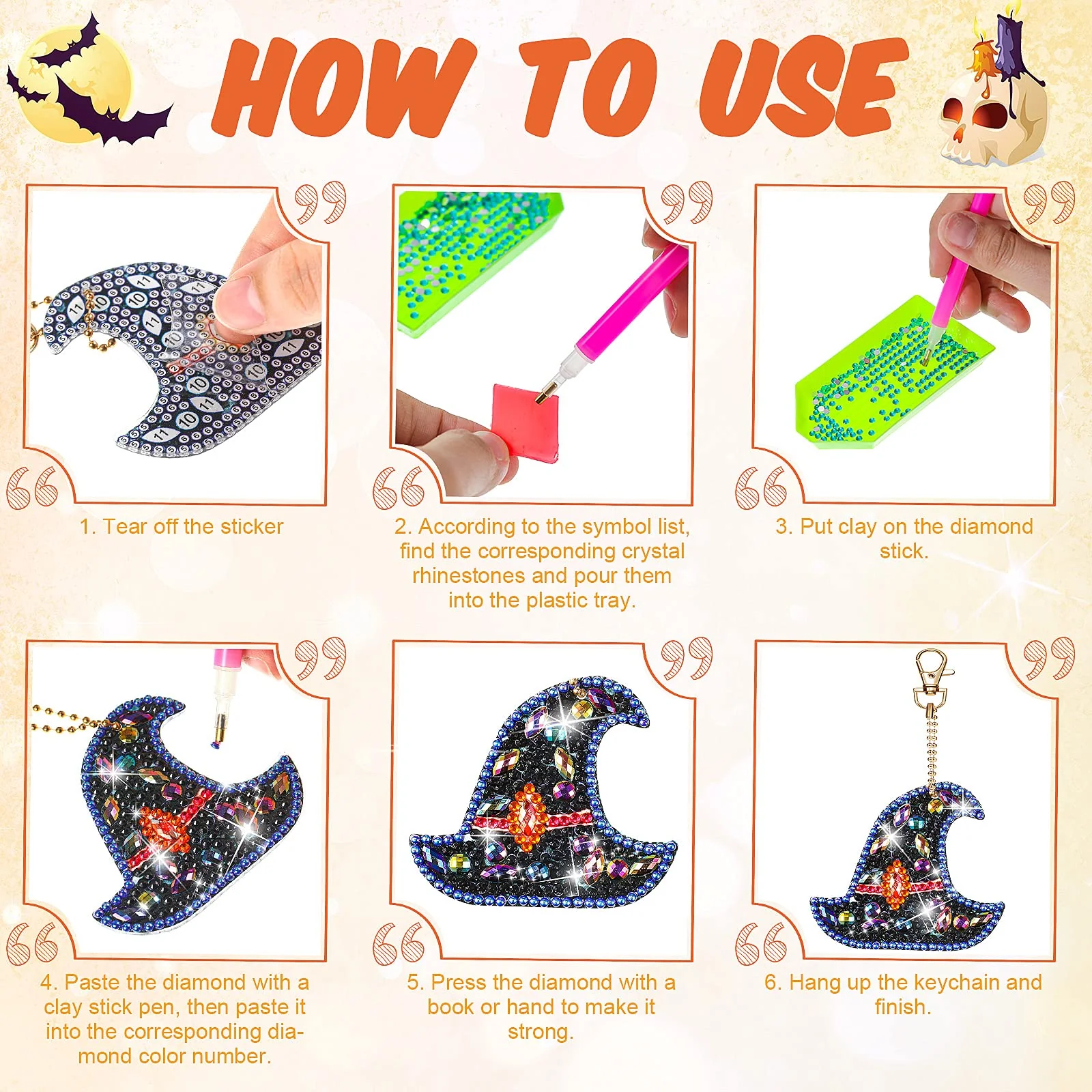 9Pcs Halloween 5D Diamond Painting Keychain Pendant Craft Kit - Image 5