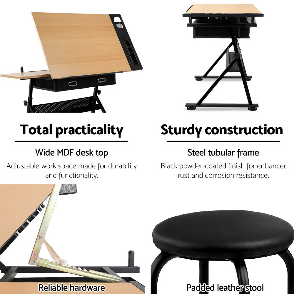 Artiss Tilt Drafting Table Stool Set - Natural & Black - Image 4