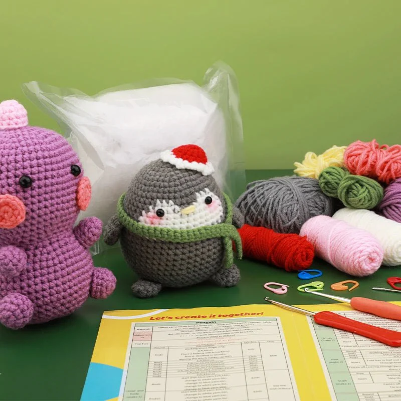 Beginners Crochet Knitting Kit - Purple Dinosaur & Winter Penguin - Image 3