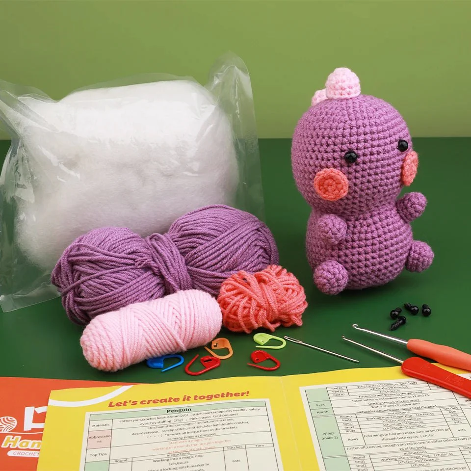 Beginners Crochet Knitting Kit - Purple Dinosaur & Winter Penguin - Image 4