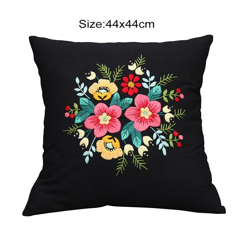 DIY Floral Embroidery Cushion Case Kit - Black - Image 4
