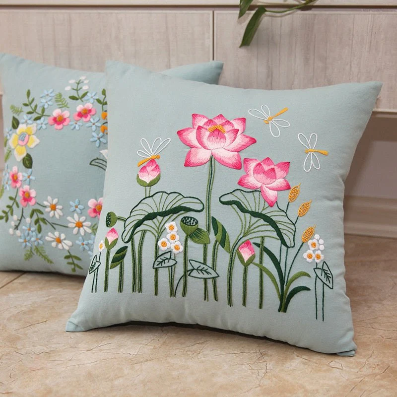 DIY Floral Embroidery Cushion Case Kit - Blue - Image 3
