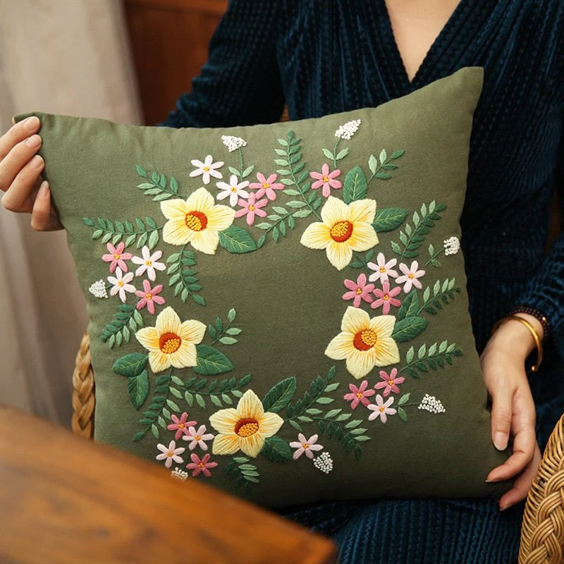 DIY Floral Embroidery Cushion Case Kit - Green - Image 4