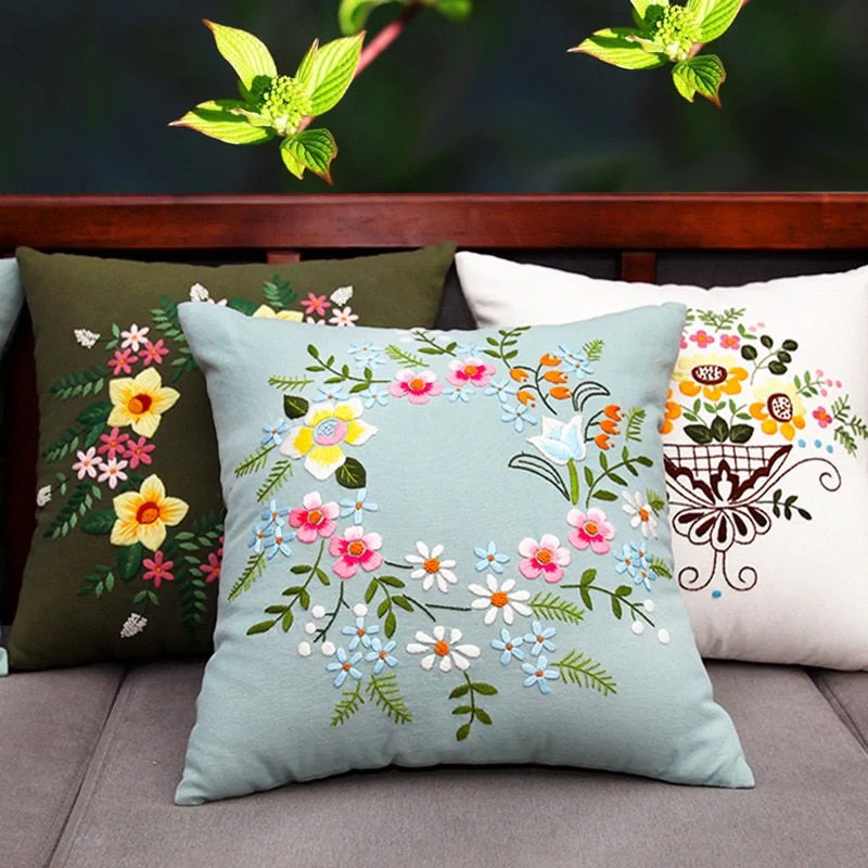 DIY Floral Embroidery Cushion Case Kit - Green - Image 6