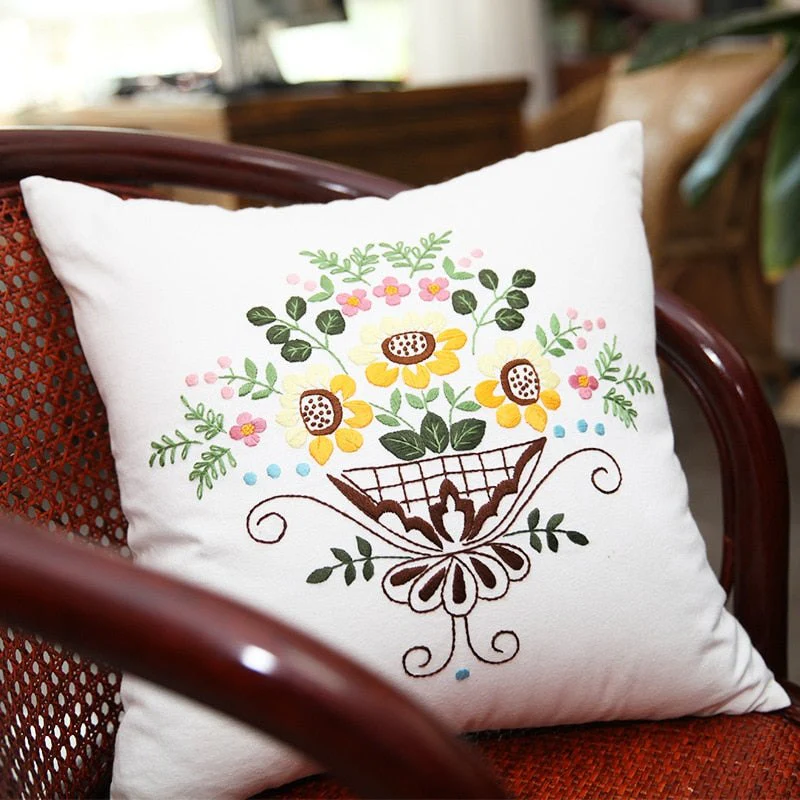 DIY Floral Embroidery Cushion Case Kit - White - Image 3