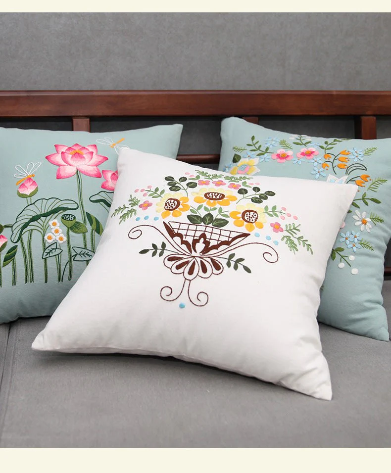 DIY Floral Embroidery Cushion Case Kit - White - Image 4