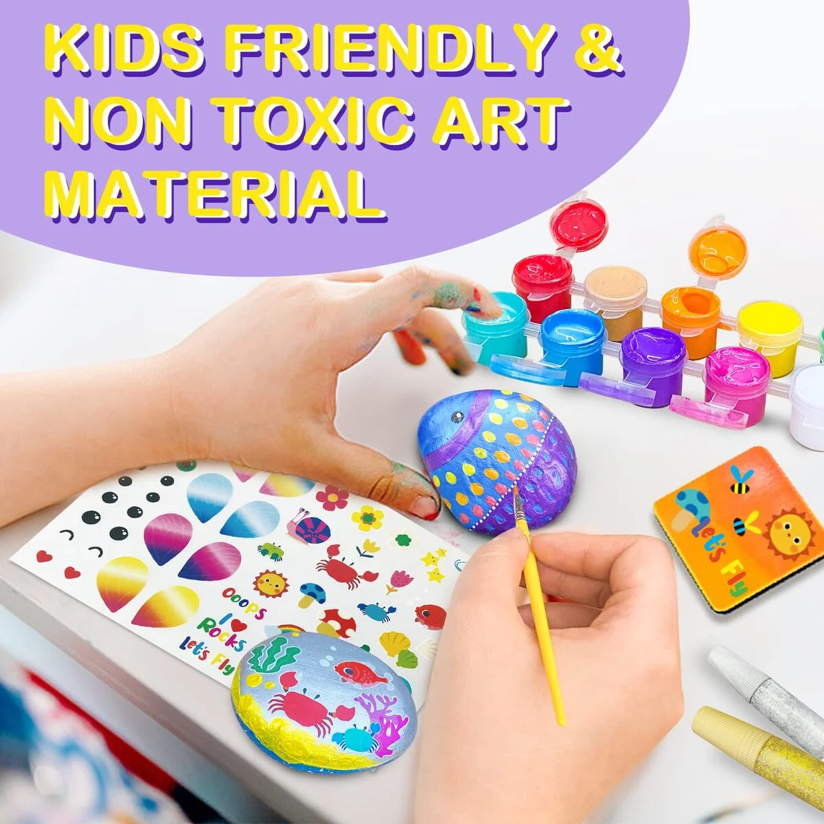 Metallic & Glitter Kids Rock Painting Craft Kit - Image 3