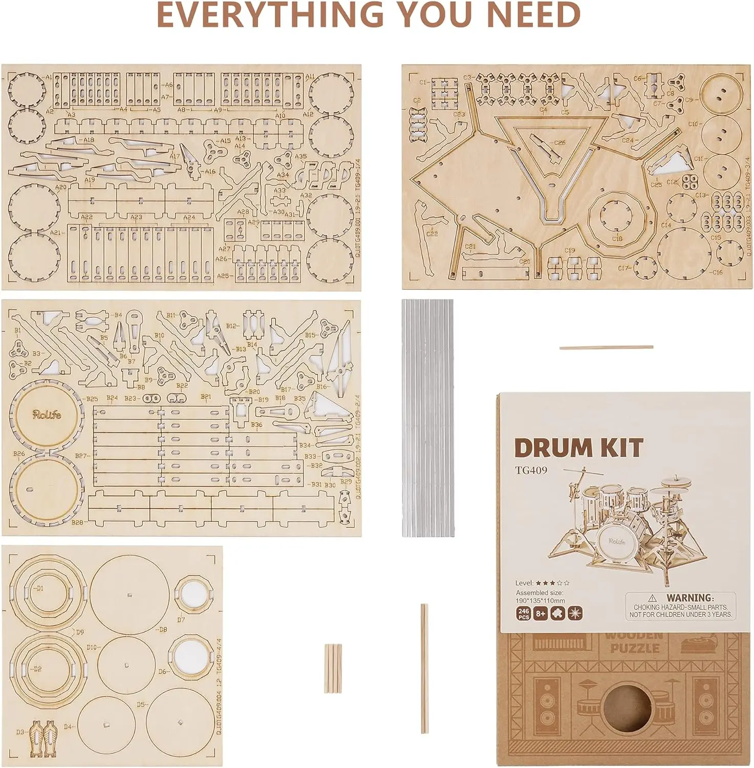 Rolife 3D Wooden Puzzle Musical Instrument Model - Drum Kit - Image 6